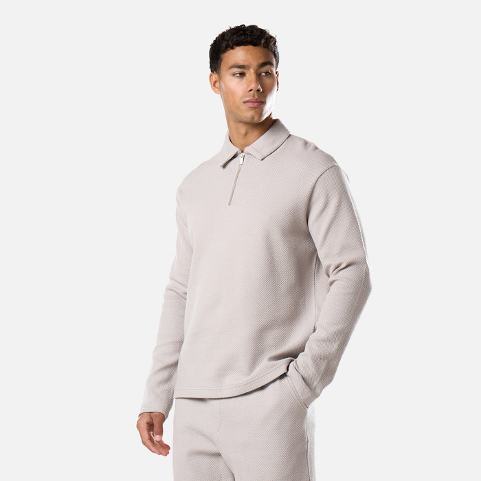 Long Sleeve Textured Polo Twinset | Stone