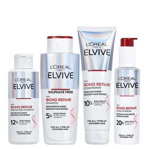 Four L'Oréal Paris L'Elvive hair repair products arranged side by side on a white background, including a rescue shampoo, sulphate-free bond repair shampoo, bond repair conditioner, and bond repair serum in pump and squeeze bottles.