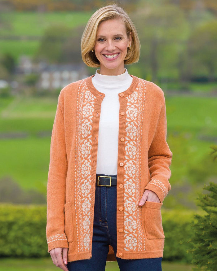 Louisa Crew Neck Lambswool Fairisle Cardigan - Peach - Country Collection