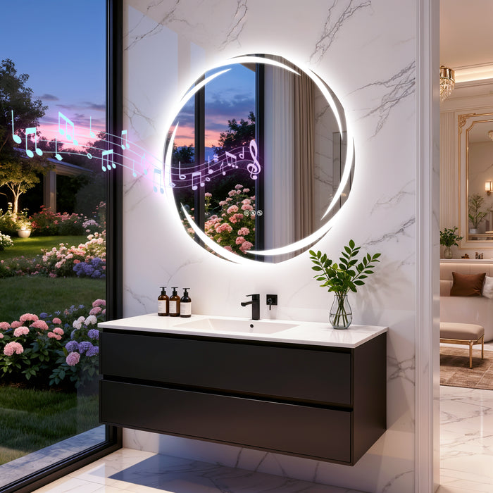 LUVODI 31.5" Round LED Bathroom Wall Mirror w/ Dual Bluetooth Speaker Anti-Fog Dimmable