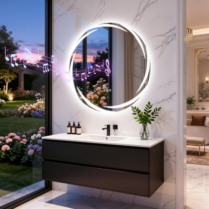 LUVODI 31.5" Round LED Bathroom Wall Mirror w/ Dual Bluetooth Speaker Anti-Fog Dimmable