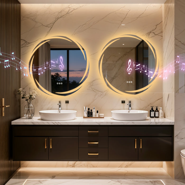 LUVODI 31.5" Round LED Bathroom Wall Mirror w/ Dual Bluetooth Speaker Anti-Fog Dimmable