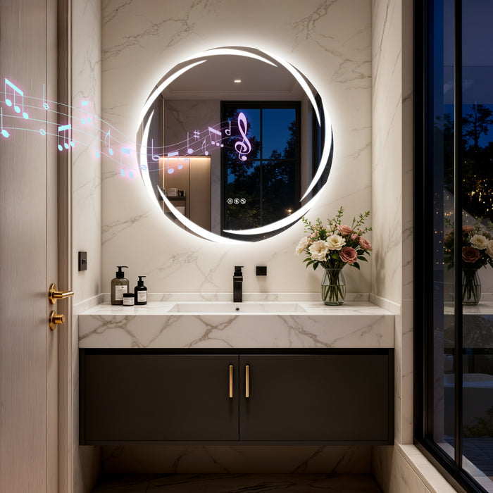 LUVODI 31.5" Round LED Bathroom Wall Mirror w/ Dual Bluetooth Speaker Anti-Fog Dimmable