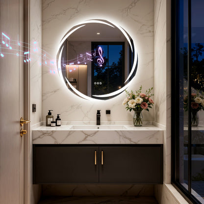 LUVODI 31.5" Round LED Bathroom Wall Mirror w/ Dual Bluetooth Speaker Anti-Fog Dimmable