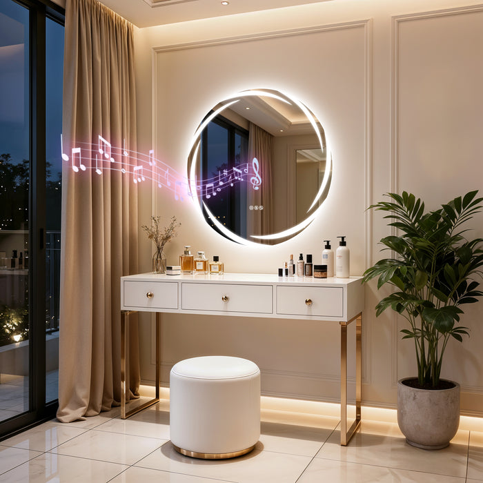 LUVODI 31.5" Round LED Bathroom Wall Mirror w/ Dual Bluetooth Speaker Anti-Fog Dimmable
