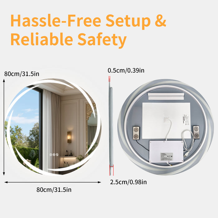 LUVODI 31.5" Round LED Bathroom Wall Mirror w/ Dual Bluetooth Speaker Anti-Fog Dimmable