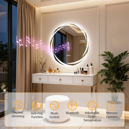 LUVODI 31.5" Round LED Bathroom Wall Mirror w/ Dual Bluetooth Speaker Anti-Fog Dimmable