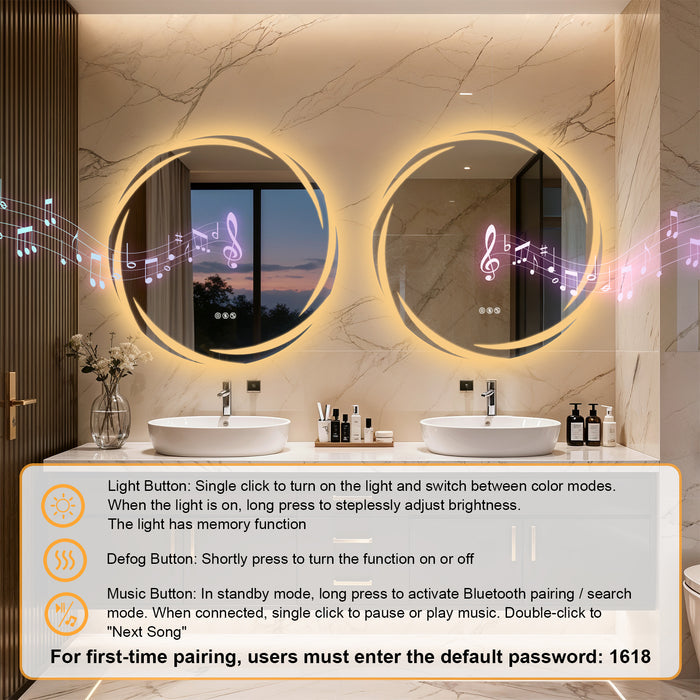 LUVODI 31.5" Round LED Bathroom Wall Mirror w/ Dual Bluetooth Speaker Anti-Fog Dimmable