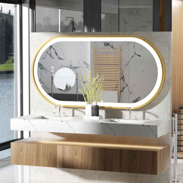 LUVODI Capsule Shape LED Bathroom Mirror with Gold Aluminum Alloy Narrow Frame Defogging 3 Color