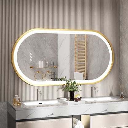 LUVODI Capsule Shape LED Bathroom Mirror with Gold Aluminum Alloy Narrow Frame Defogging 3 Color
