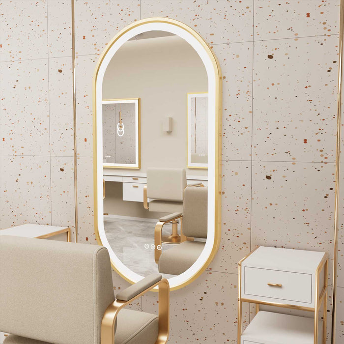 LUVODI Capsule Shape LED Bathroom Mirror with Gold Aluminum Alloy Narrow Frame Defogging 3 Color