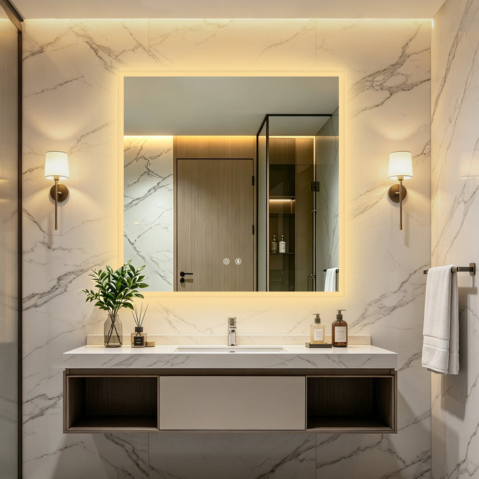 LUVODI LED Square Bathroom Mirror, Tempered Glass Lighted Vanity Mirror(Growing Outer Edge)