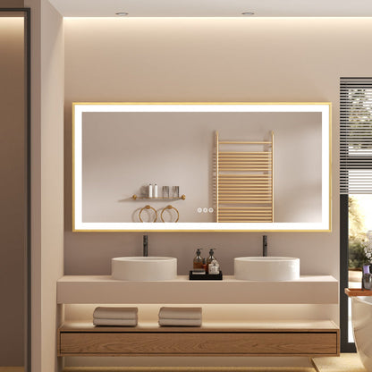 LUVODI Rctangular LED Bathroom Mirror with Gold Aluminum Alloy Narrow Frame Defogging 3 Color