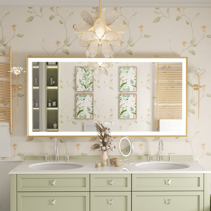 LUVODI Rctangular LED Bathroom Mirror with Gold Aluminum Alloy Narrow Frame Defogging 3 Color