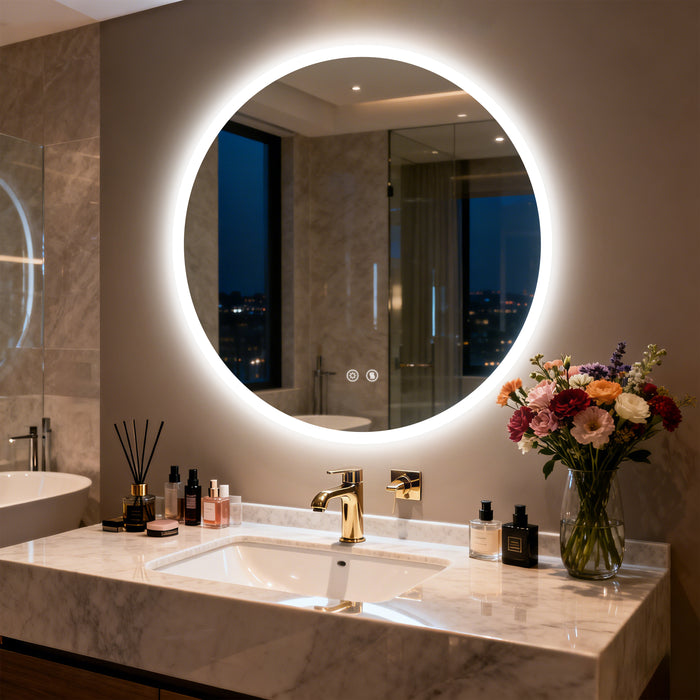 LUVODI Round Bathroom Mirror with Lights Tempered Glass(2 Buttons)