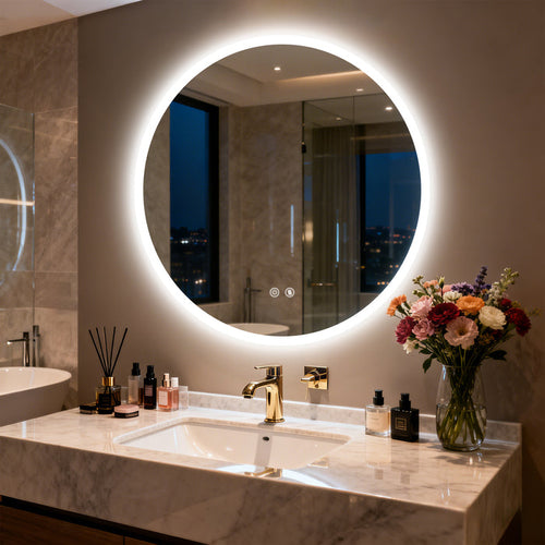 LUVODI Round Bathroom Mirror with Lights Tempered Glass(2 Buttons)