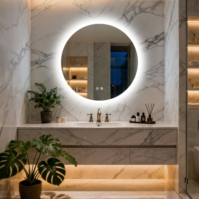LUVODI Round Bathroom Mirror with Lights Tempered Glass(2 Buttons)