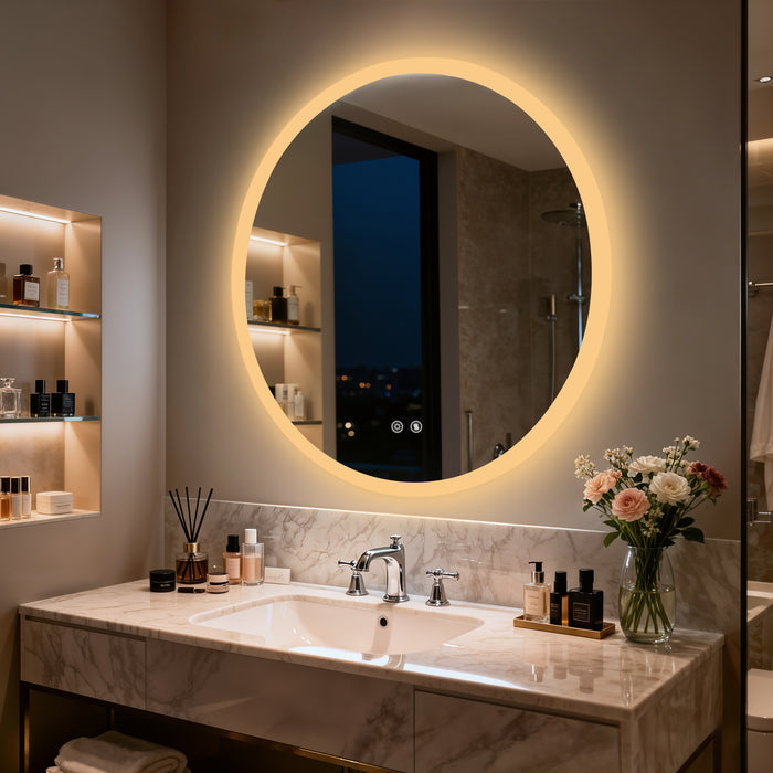 LUVODI Round Bathroom Mirror with Lights Tempered Glass(2 Buttons)
