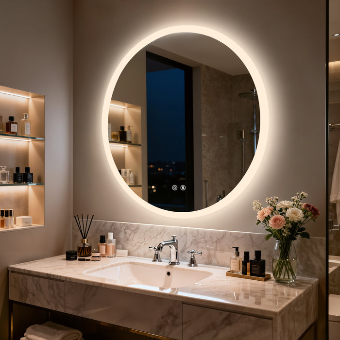 LUVODI Round Bathroom Mirror with Lights Tempered Glass(2 Buttons)