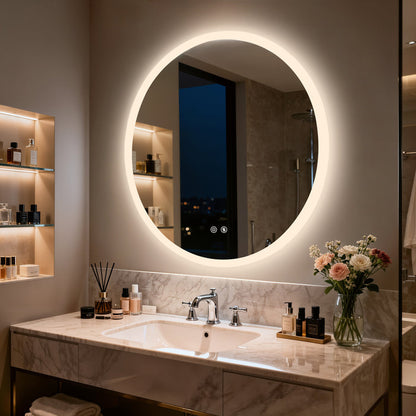 LUVODI Round Bathroom Mirror with Lights Tempered Glass(2 Buttons)