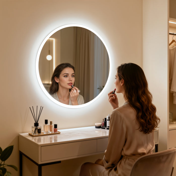 LUVODI Round Bathroom Mirror with Lights Tempered Glass(2 Buttons)