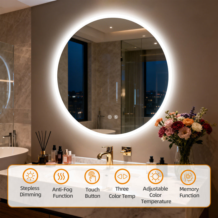 LUVODI Round Bathroom Mirror with Lights Tempered Glass(2 Buttons)