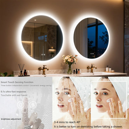 LUVODI Round Bathroom Mirror with Lights Tempered Glass(2 Buttons)