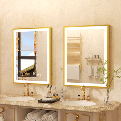 LUVODI Square LED Bathroom Mirror with Gold Aluminum Alloy Narrow Frame Defogging 3 Color