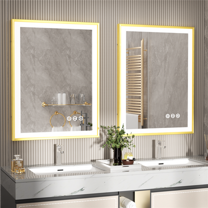 LUVODI Square LED Bathroom Mirror with Gold Aluminum Alloy Narrow Frame Defogging 3 Color
