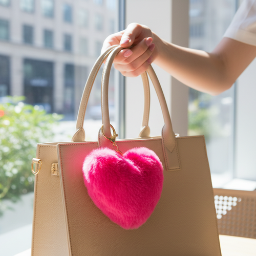 Luxury Heart Faux Fur Keychain – Soft Plush Heart Bag Charm & Key Ring, 14cm x 11cm (KC01)