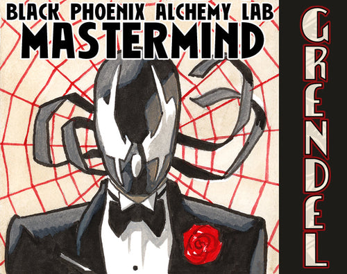 Illustration of a character in a suit with a red rose, labeled 'Black Phoenix Alchemy Lab Mastermind Grendel'.