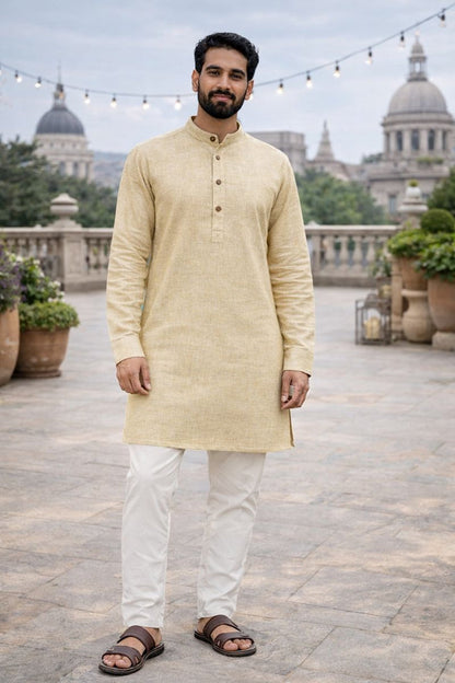 Men Off White Jute Fabric Kurta