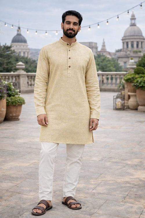 Men Off White Jute Fabric Kurta