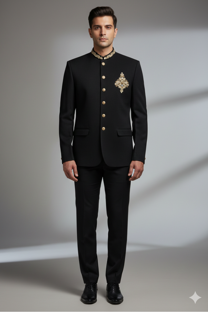 Men’s Black Jacquard Embroidered Jodhpuri Suit