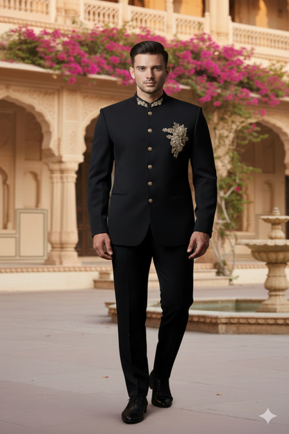 Men’s Black Jacquard Embroidered Jodhpuri Suit