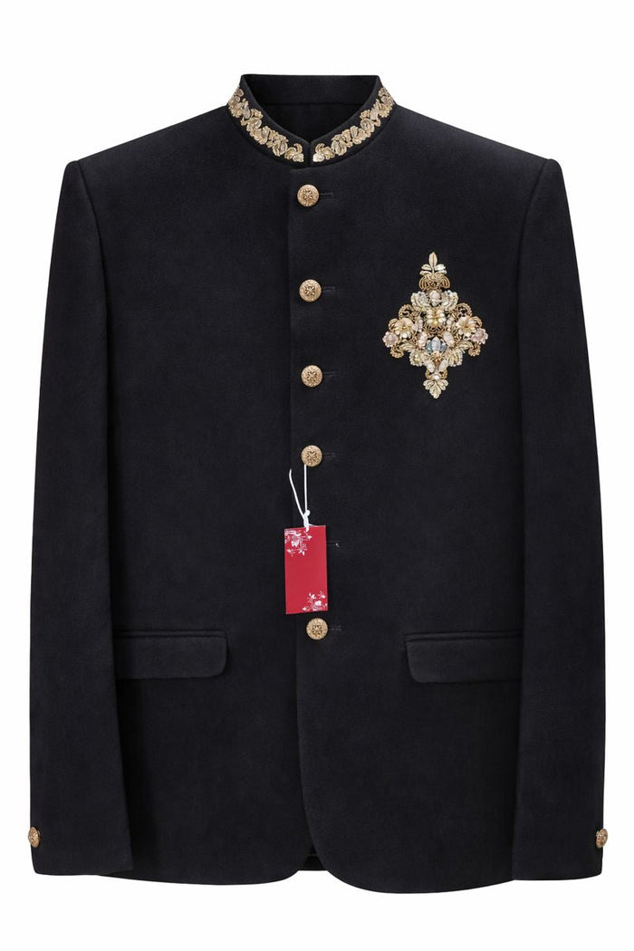 Men’s Black Jacquard Embroidered Jodhpuri Suit