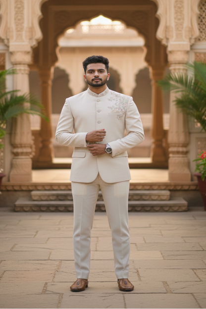 Men’s Ivory Jacquard Embroidered Indo-Western  Jodhpuri suit