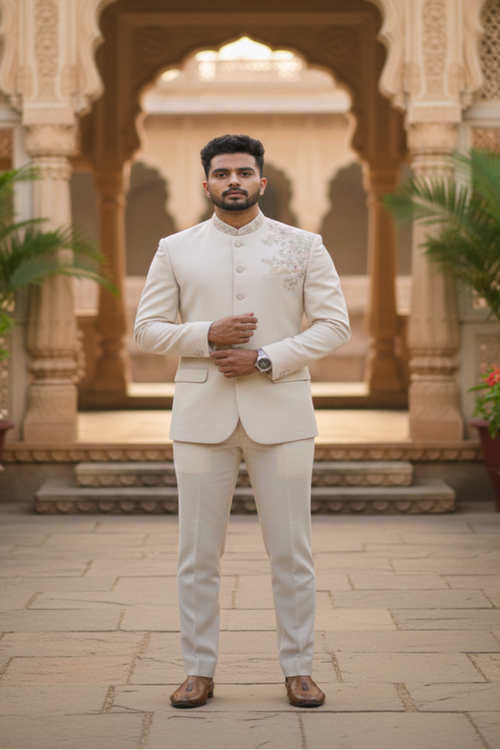 Men’s Ivory Jacquard Embroidered Indo-Western  Jodhpuri suit