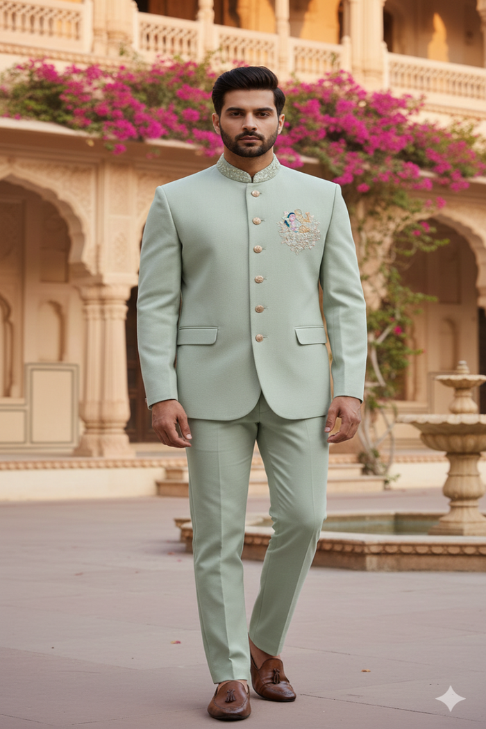 Men’s Mint Green Jacquard Western Jodhpuri Suit