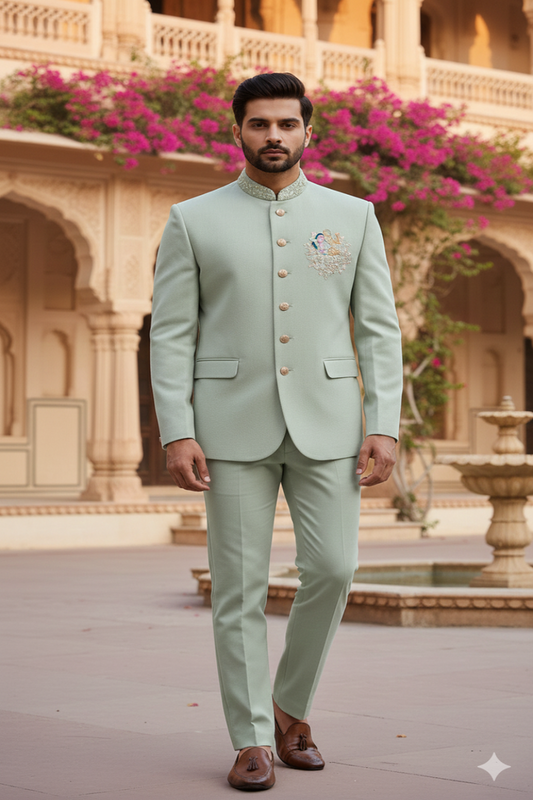 Men’s Mint Green Jacquard Western Jodhpuri Suit