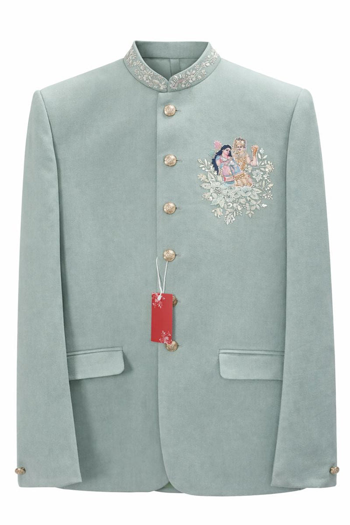Men’s Mint Green Jacquard Western Jodhpuri Suit