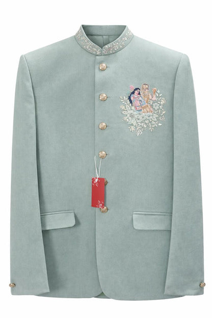 Men’s Mint Green Jacquard Western Jodhpuri Suit