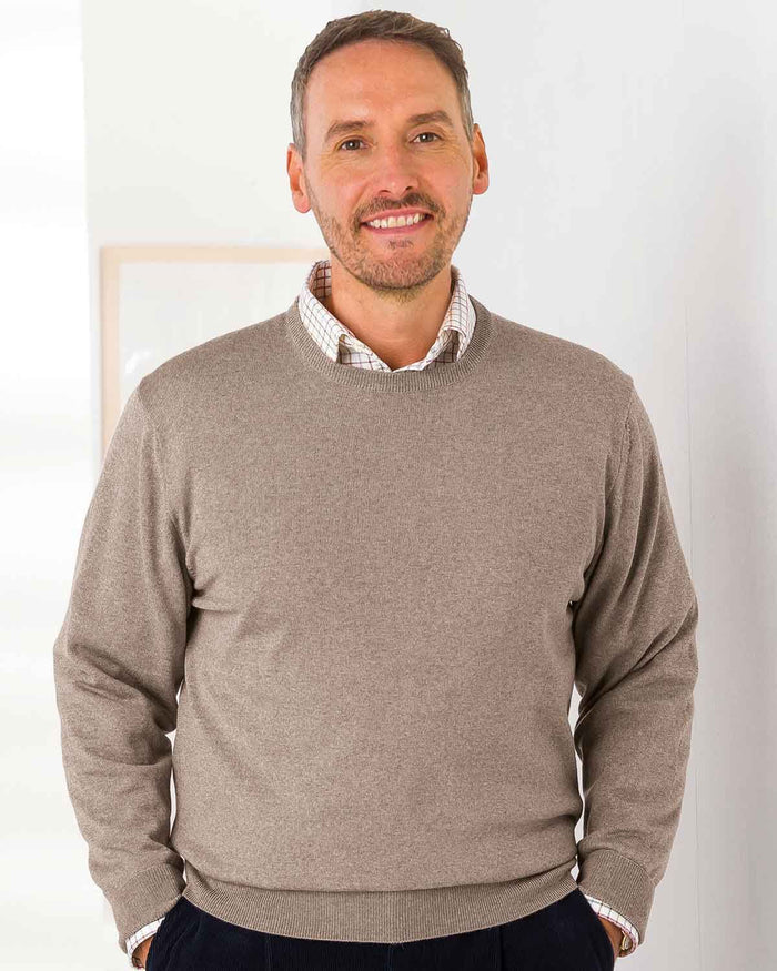 Merino Wool Crew Neck Jumper Mens - Taupe - Country Collection