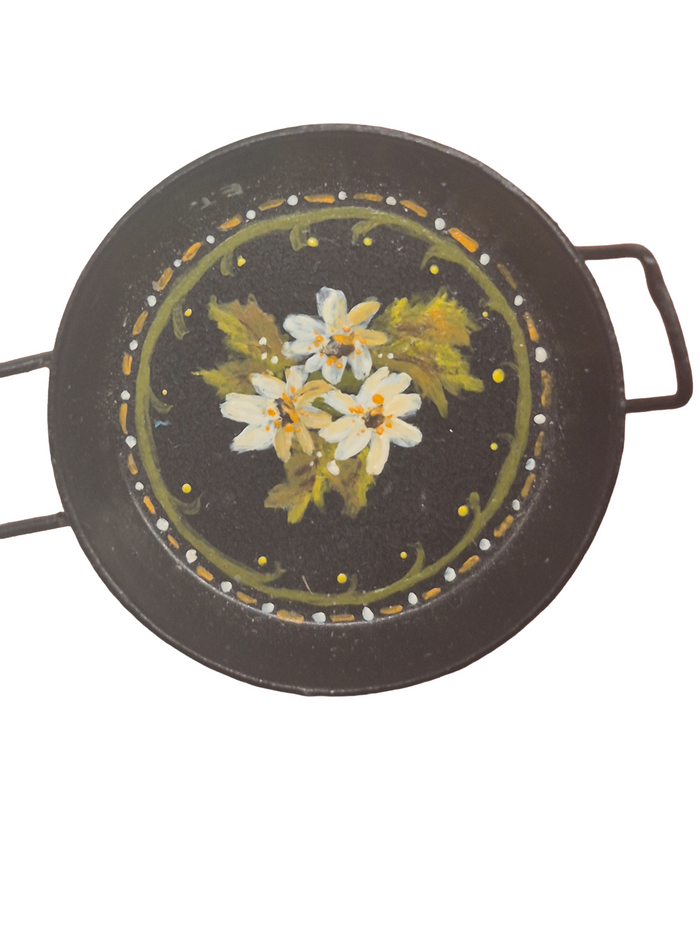Metal Kitchen Serving Dish w/ Handpainted Flowers – Signed E.T.