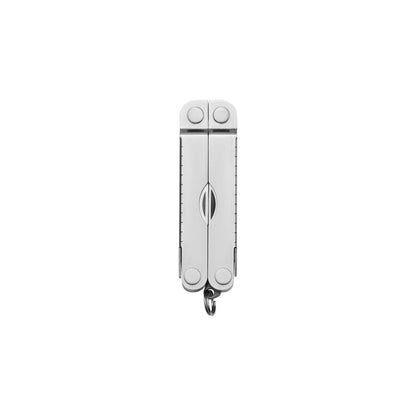 Stainless steel Leatherman Micra® multi-tool closed, showcasing its compact design and keychain attachment.