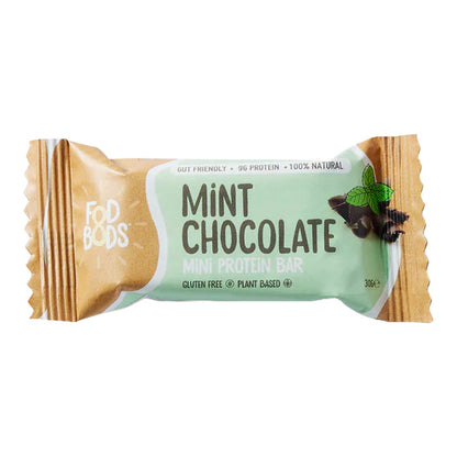 'FODBODS' mint chocolate protein bar with branding on a white background.