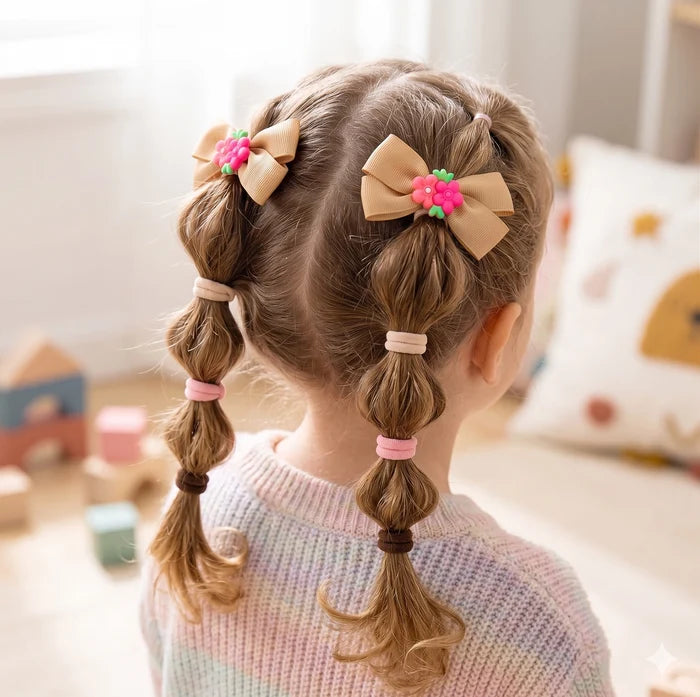 Mix Blossom Ribbon Bow & Elastic Hair Tie Set - 8 Piece Styling Kit (HMK1524)
