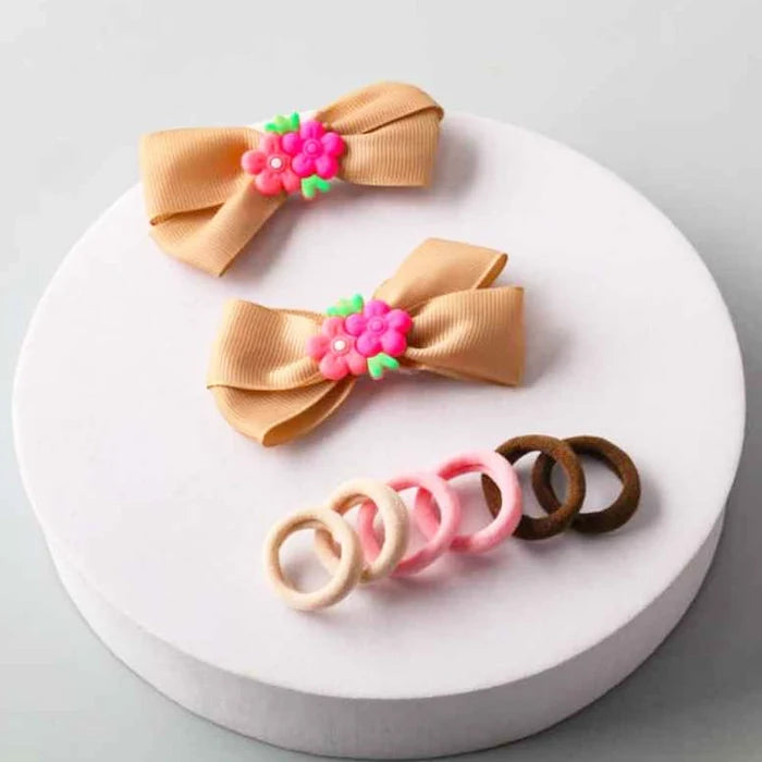 Mix Blossom Ribbon Bow & Elastic Hair Tie Set - 8 Piece Styling Kit (HMK1524)