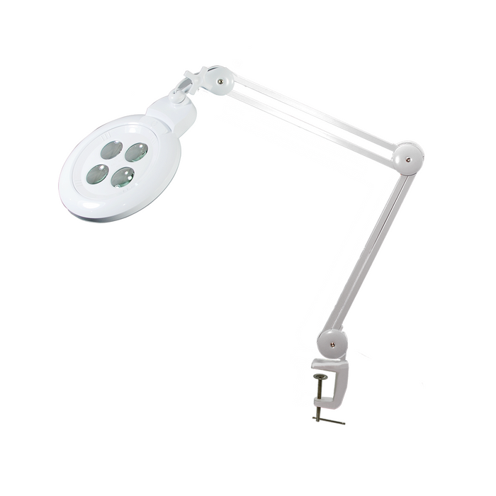 Multi-Diopter LED Magnifying Lamp with Clamp - 6-inch Glass Lens (8D, 10D, 12D & 15D), SKU MG16304241, three quarter front view