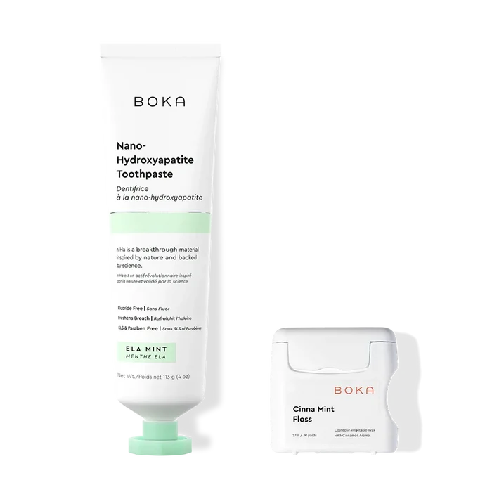 Boka Nano-Hydroxyapatite Toothpaste and CINNA MINT Floss on a white background